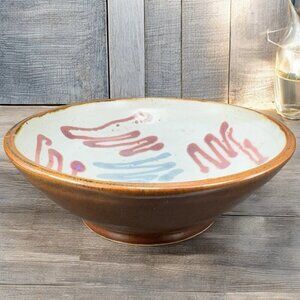 Vintage 1990s Hand Made Stoneware‎ Pottery Footed Dish Bowl Artist Signed Heavy